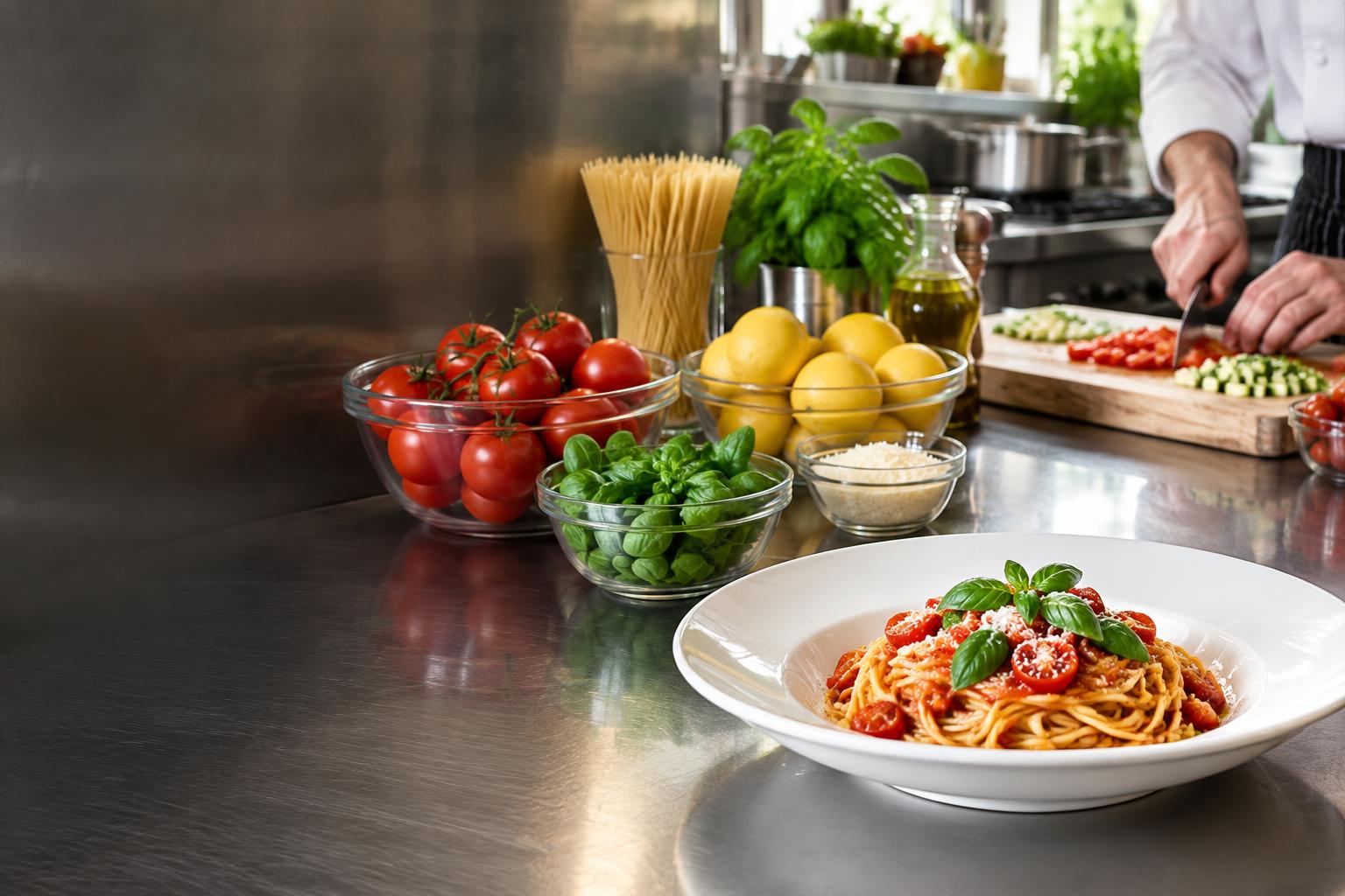 Illustrative kitchen prep counter with tomato basil pasta and fresh ingredients